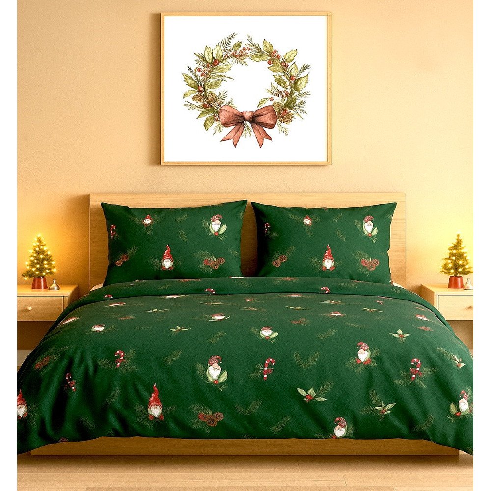 Julesengetøj Nisse, Grøn med julemotiv i 100% bomuld fra Mytrendyhome.dk