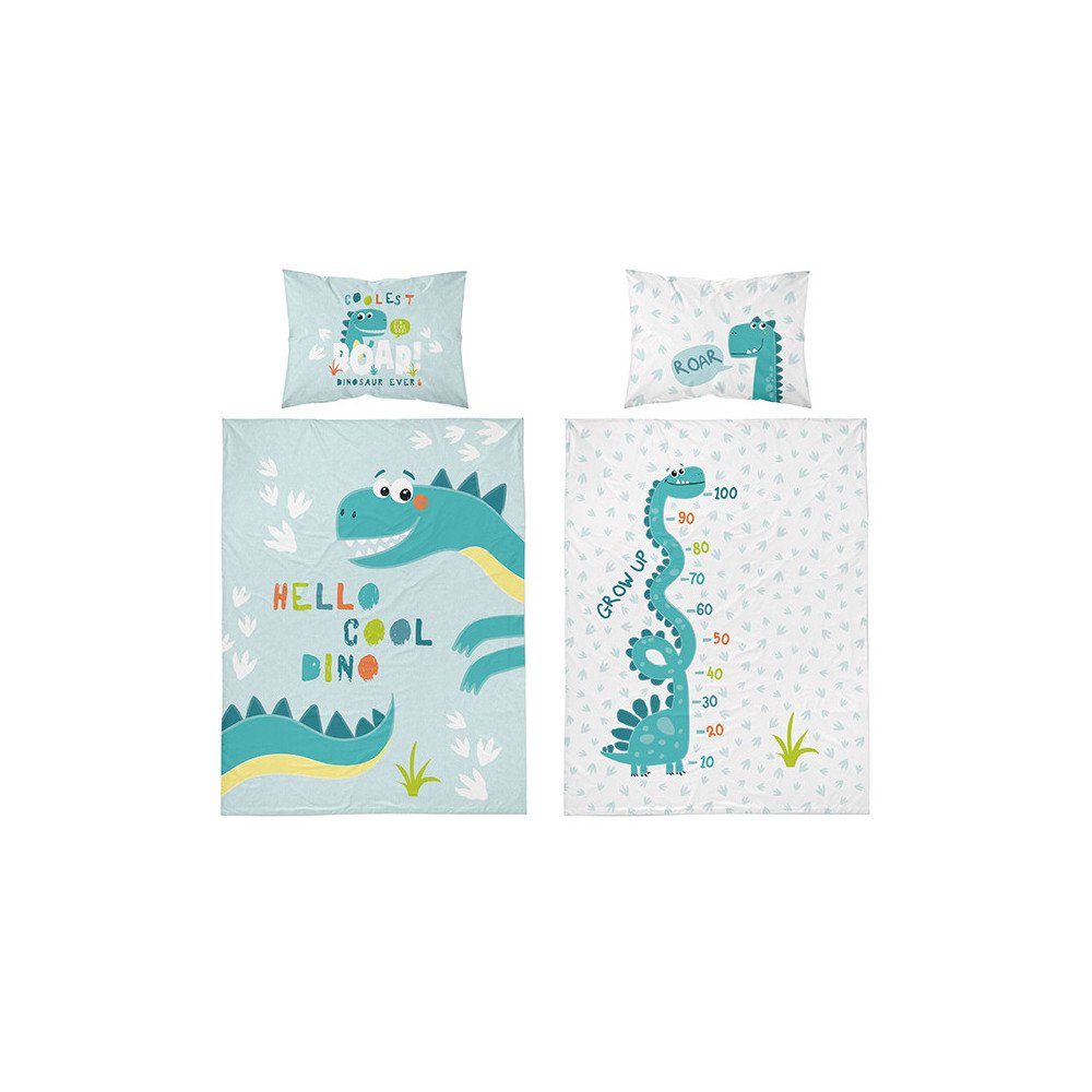 Dobbeltsidet bambus sengetøj Dino Mint med dinosaurmotiv fra Sleeptime.dk