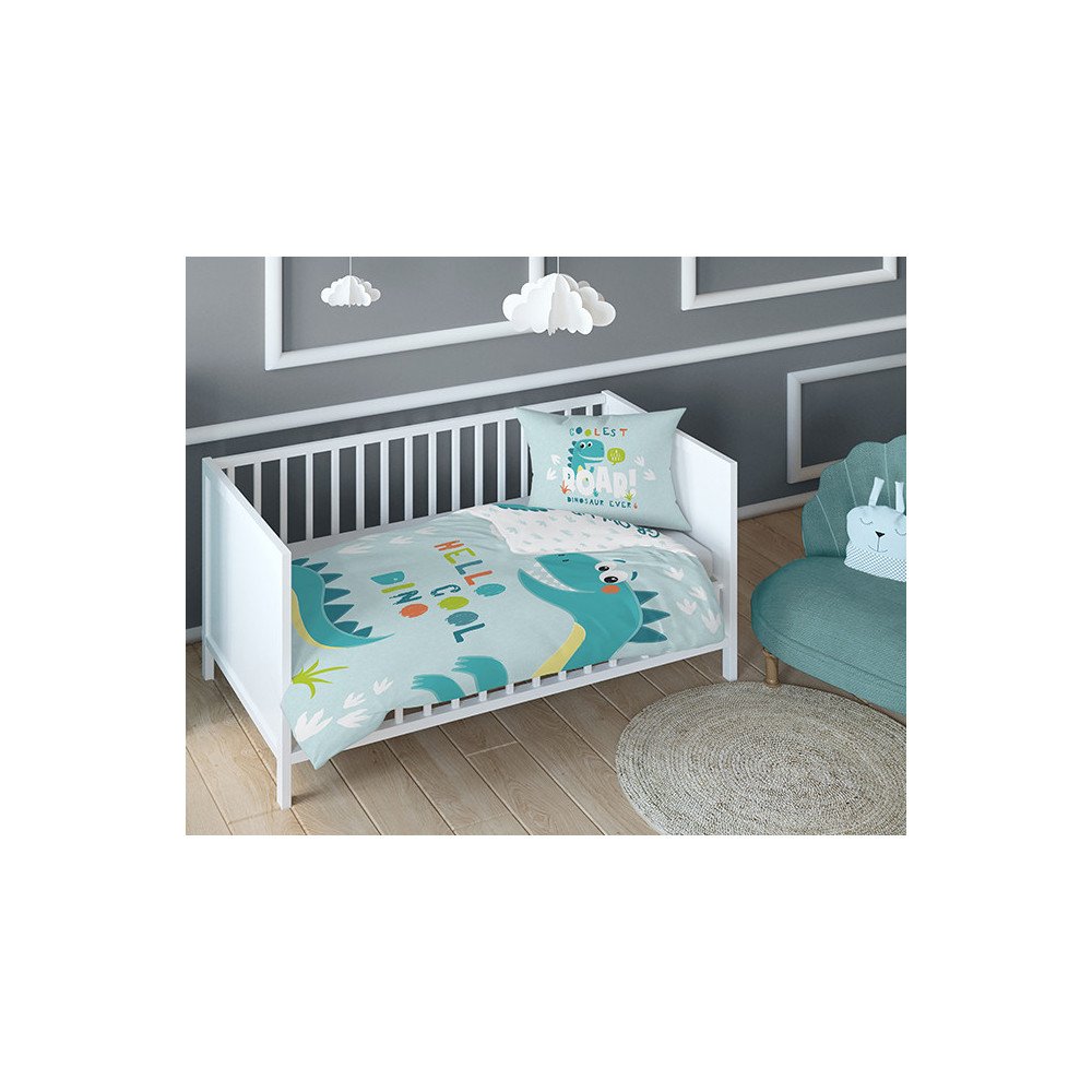 Dobbeltsidet bambus sengetøj Dino Mint med dinosaurmotiv fra Sleeptime.dk