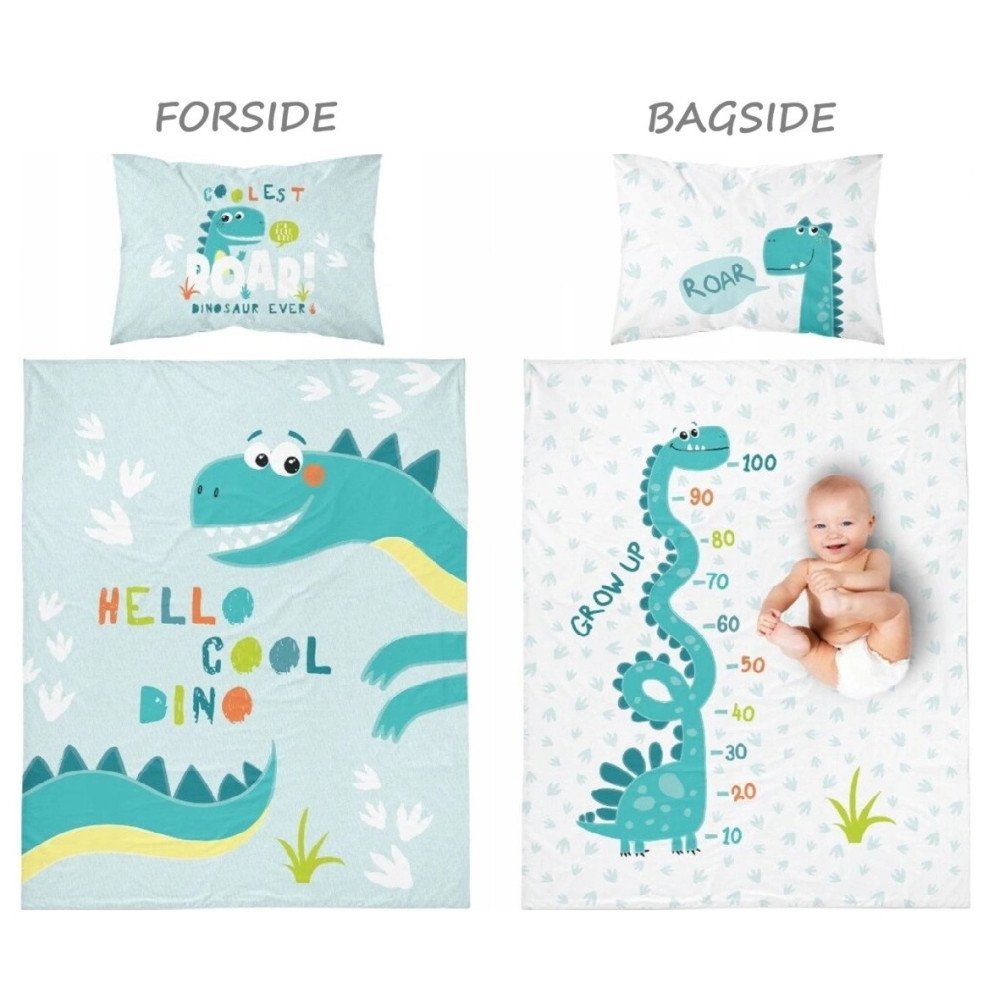 Dobbeltsidet bambus sengetøj Dino Mint med dinosaurmotiv fra Sleeptime.dk