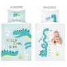 Dobbeltsidet bambus sengetøj Dino Mint med dinosaurmotiv fra Sleeptime.dk