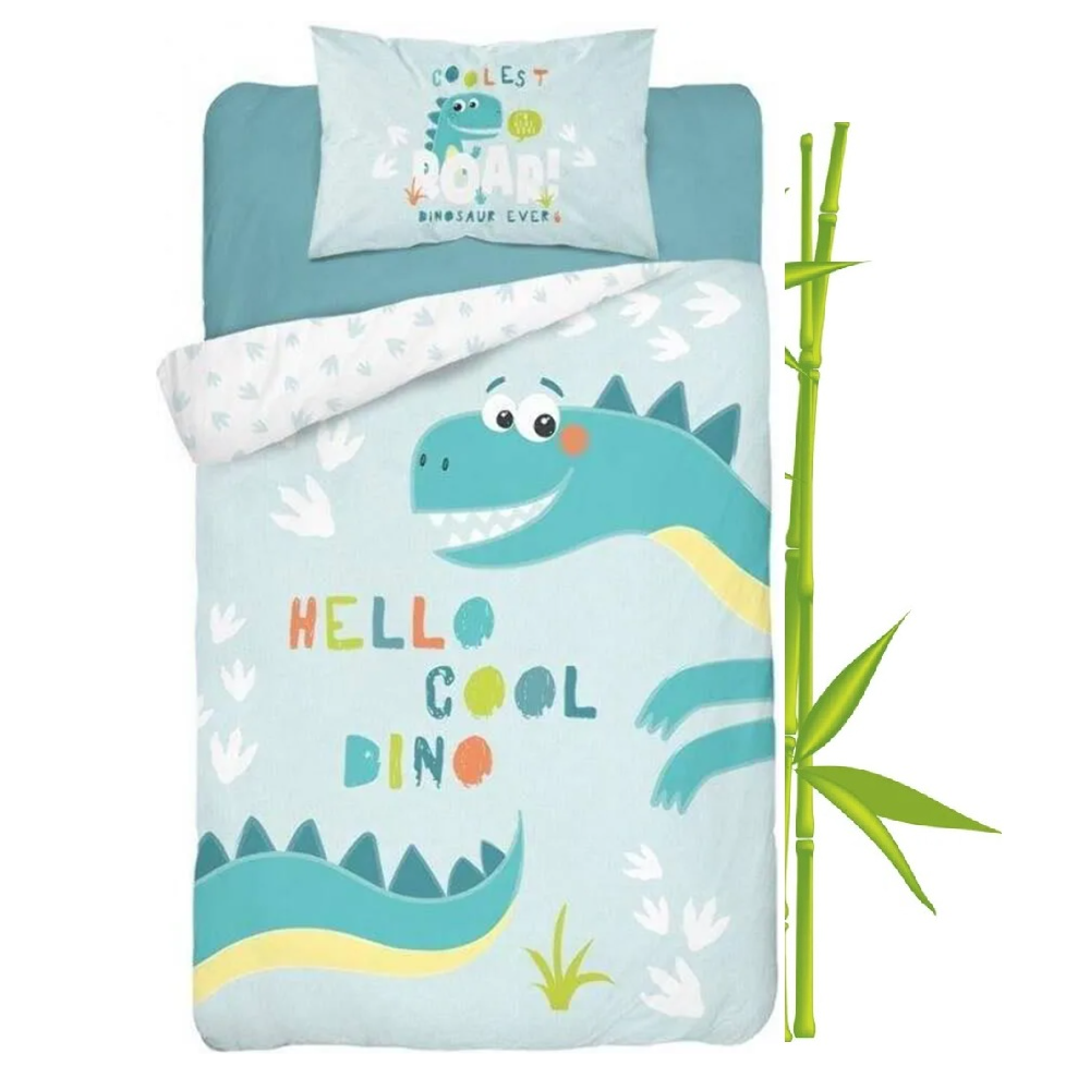 Dobbeltsidet bambus sengetøj Dino Mint med dinosaurmotiv fra Sleeptime.dk