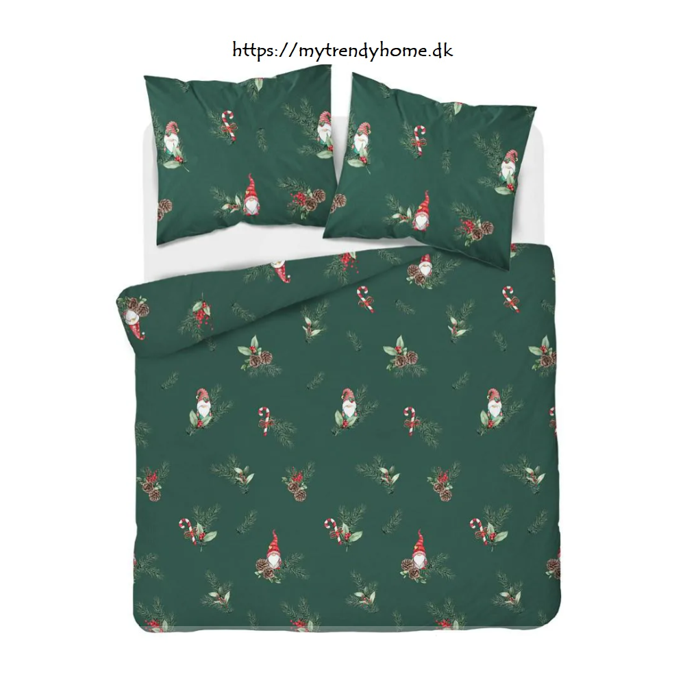Julesengetøj Nisse, Grøn med julemotiv i 100% bomuld fra Mytrendyhome.dk