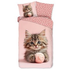 Lyserødt sengesæt Chat med kat, lukkes med trykknapper | MyTrendyHome