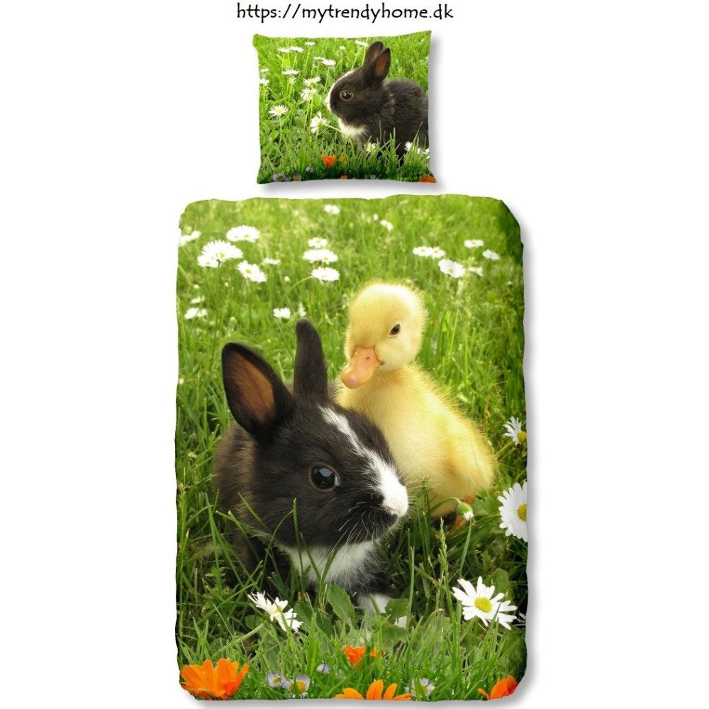 Børnesengetøj Friends med dyremotiv, lukkes med trykknapper fra MytrendyHome.dk