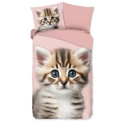 Pink flonel sengesæt “Meow” med killing | MyTrendyHome