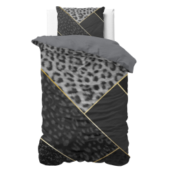 Sengesæt Panther Vibe Anthracit i 100% bomuld med et mønstret imiteret patchwork med fragmenter af et leopardskindsmønster