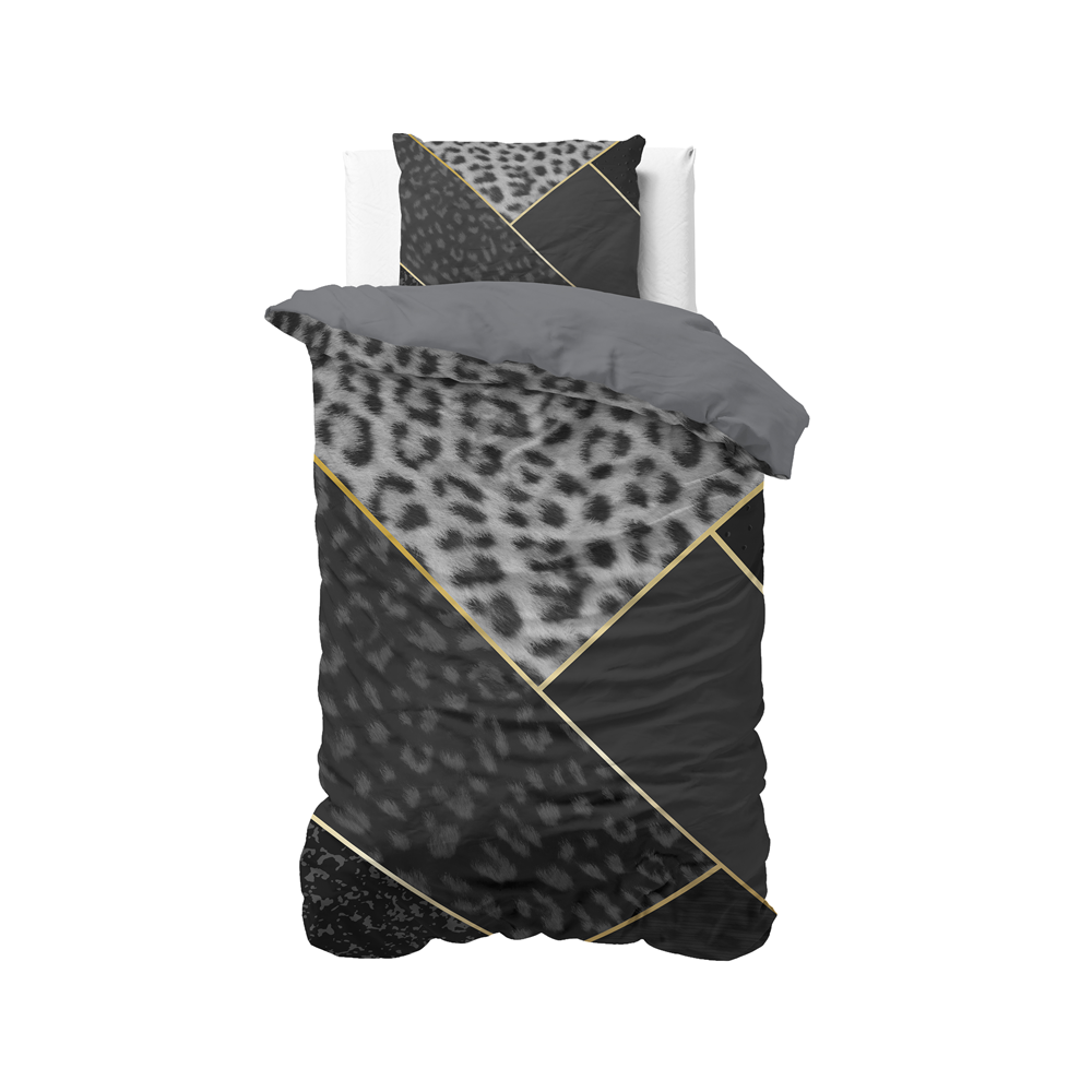 Sengesæt Panther Vibe Anthracit i 100% bomuld med et mønstret imiteret patchwork med fragmenter af et leopardskindsmønster