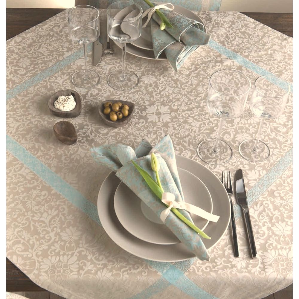 Beige dug med turkis kant | Elegant damaskdesign