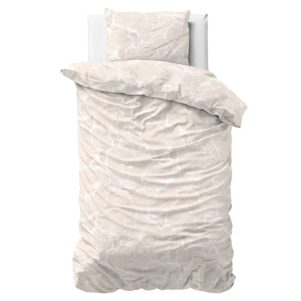 Ginkgo Whisper sengesæt, sandfarvet med et ginkgobladmønster,